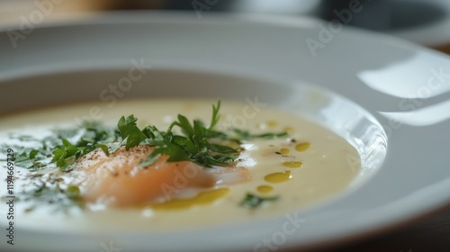 Wallpaper Mural Gourmet Creamy Soup with Poached Egg and Herbs Torontodigital.ca