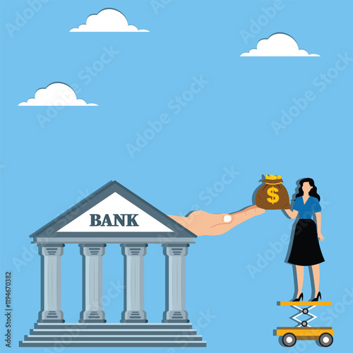Repayment of loans, taxes or debts, bank savings business, purchase of bank investment and financial products, businesswomen putting their money bags on top of the bank's outstretched hand
