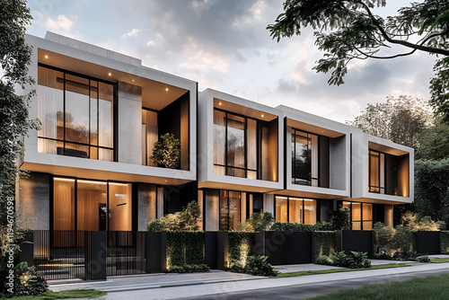 A row of modern townhouses features striking black frames and floor-to-ceiling windows, creating a sleek contemporary aesthetic. The warm interior lighting contrasts beautifully with the dark exterior