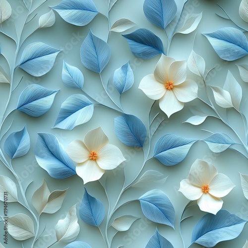 Delicate 3D Embroidery and Papercut Flower Design with Repeating Floral Patterns in Soft Blue and Cream Tones for Elegant Backgrounds