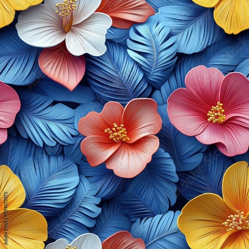 Wallpaper Mural Vibrant Floral Embroidery and Papercut Design Featuring 3D Flowers and Leaf Patterns in Repeating Motif for Textiles and Wallpaper Torontodigital.ca