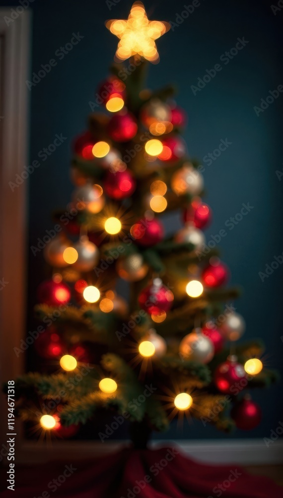 Blurry lights frame a decorated Christmas tree, abstract backdrop , holiday background, joy Blurry lights frame a decorated Christmas tree, abstract backdrop , holiday background, joy