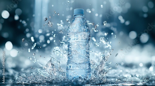 Refreshing Clear Water Bottle Surrounded by Splashing Water Droplets in a Softly Lit Environment for Beverage and Hydration Concepts