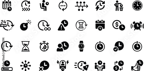 Time icon set. Timer, alarm, schedule, hourglass, clock icons. Solid icon collection.