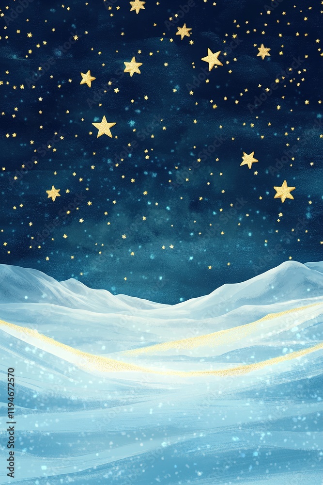Fototapeta premium Starry winter night over snowy landscape with gentle hills and twinkling lights in the sky