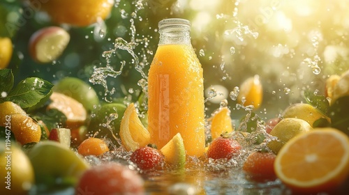 Refreshing Orange Juice Surrounded by Fresh Fruits with Splashing Water in a Sunlit Outdoor Setting Capturing Vibrant Colors and Natural Energy