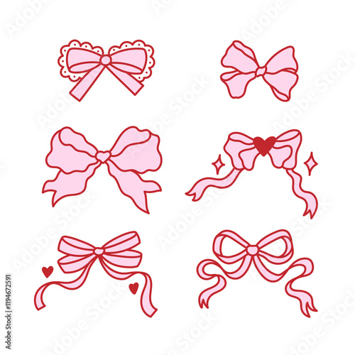 Set of elegant bow knots, gift bows. Collection of beautiful holiday decorative elements, festive present decor. Coquette pretty charming pink bows. Vintage hand drawn illustration