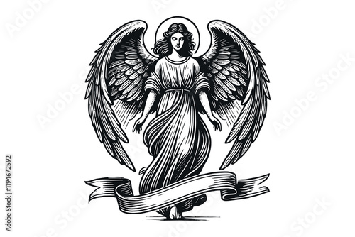 Vintage black and white engraving of Archangel Gabriel, vector art