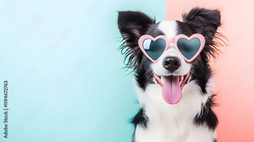Fototapeta premium Black and white cute dog on pastel background. Border Collie puppy in pink heart shaped Valentine's day sunglasses. Greeting card banner for Women's and Mother's day, birthday, wedding with copy space