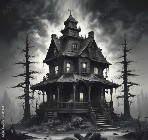 Illustration of ghost house in creepy forest. photo