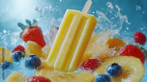 Refreshing Yellow Popsicle Surrounded by Vibrant Fruits Splashing in Water, Capturing a Joyful Summer Vibe and Delicious Taste of Tropical Treats