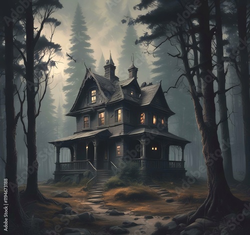 Illustration of ghost house in creepy forest. photo