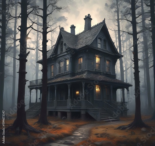 Illustration of ghost house in creepy forest. photo