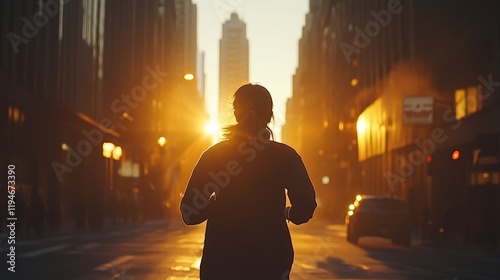 Silhouette of a Person Walking Through Urban Streets at Sunset, with Glowing Buildings and Soft Light Illuminating the Busy Cityscape
