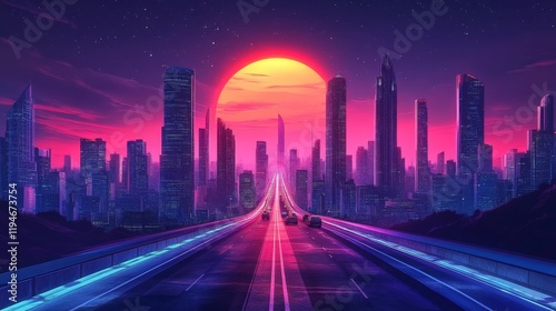 Stunning digital artwork of a futuristic city skyline at sunset with vibrant colors and a glowing sun setting behind tall skyscrapers and highways