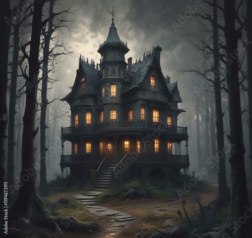 Illustration of ghost house in creepy forest. photo