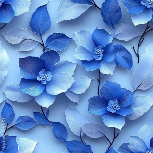 Detailed floral design featuring intricate embroidery and papercut patterns in a soothing blue color palette with a three-dimensional repeat effect