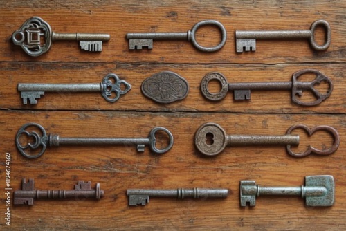 A selection of rustic keys presented on a hardwood surface, ideal for themes centering on tradition, history, or unlocking potential in creative projects. photo