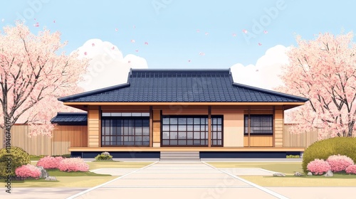Tranquil Japanese Garden House Surrounded by Cherry Blossom Trees and Blue Sky, Capturing the Serenity of Traditional Architecture and Nature's Beauty