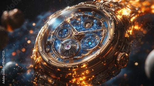 Unique and Luxurious Timepiece with Intricate Design and Stunning Cosmic Background, Showcasing the Beauty of Fine Craftsmanship and Innovation in Watchmaking