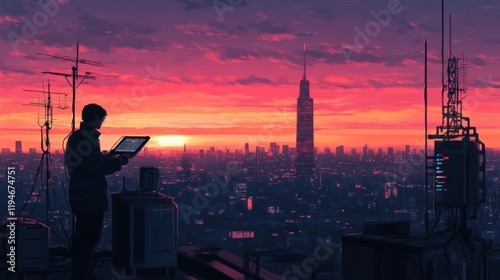 Urban Explorer in Futuristic Cityscape at Dusk, Gazing at Vibrant Sunset Over Skyscrapers with High-Tech Gadgets and Communication Towers in Metropolis
