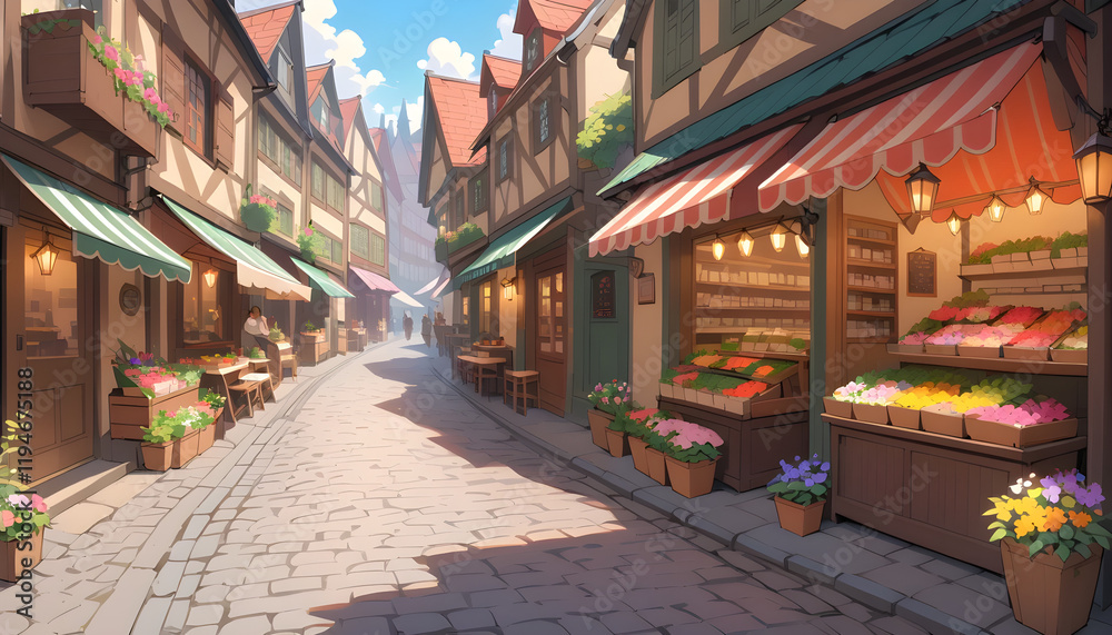 Naklejka premium A quaint cobblestone street lined with flower markets and small cafes. 