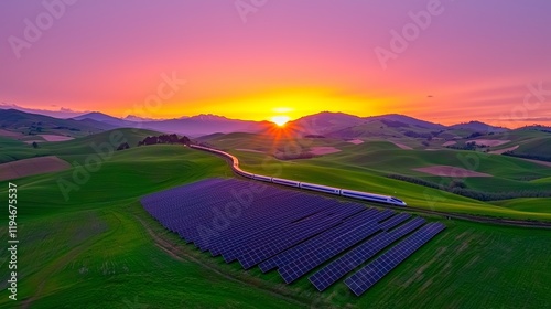 Sustainable Train Journey Through Solar Fields Green Hills Renewable Energy-Powered Transport photo