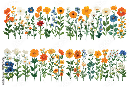Set of vibrant colorful flowers vector elements. Abstract colorful garden flowers icons. Floral graphic design vector elements. Spring and summer wildflower vector illustrations