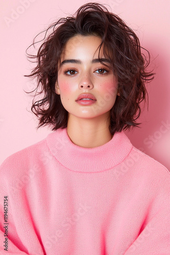 Young asian female with short hair and pink sweater against pink background