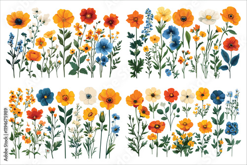 Set of vibrant colorful flowers vector elements. Abstract colorful garden flowers icons. Floral graphic design vector elements. Spring and summer wildflower vector illustrations
