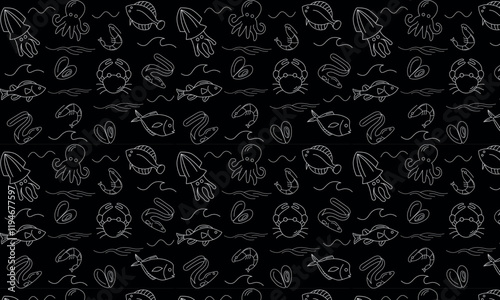 seafood seamless pattern with mussel, fish salmon and shrimp. Lobster, squid, scallop and tuna for product market or seafood restaurant