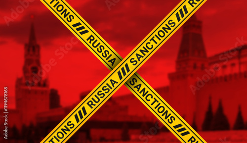 Vector political economic poster. Crossed yellow ribbon with inscription, Sanctions Russia. Dark red blurred Moscow Kremlin building. Russian federation
