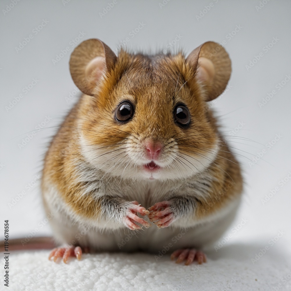 A dormouse sitting quietly, its large eyes looking up, surrounded by a soft white backdrop. A dormouse sitting quietly, its large eyes looking up, surrounded by a soft white backdrop.