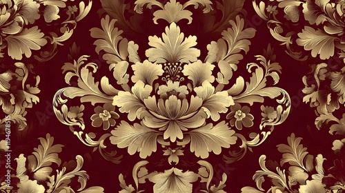 79. A luxurious brocade fabric pattern with baroque-inspired floral motifs in gold and burgundy