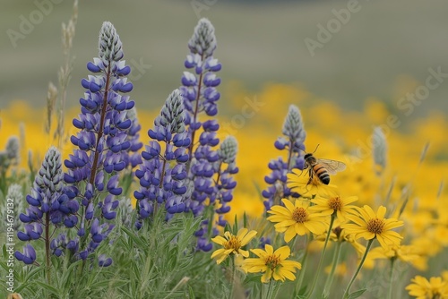 A close-up shot of a busy honeybee pollinating vibrant purple and yellow wildflowers, beautifully capturing the essence of natural life and harmony. photo