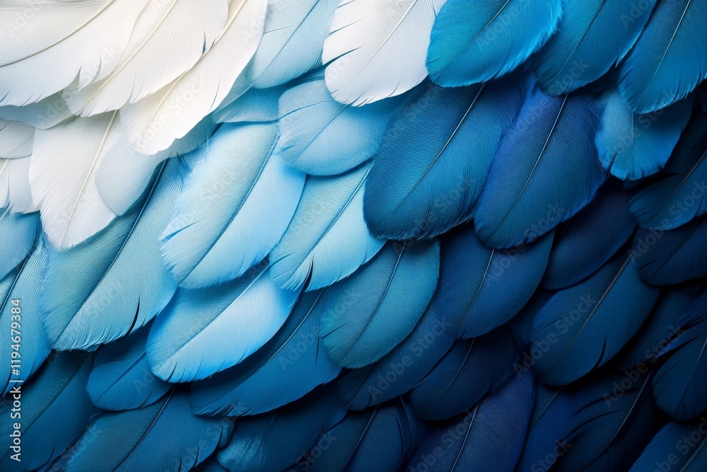 Obraz premium Intricate artwork featuring a gradual transition from deep blue to light-toned feathers creating a calming, visually appealing pattern in its artistic arrangement.