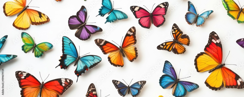 Obraz premium Vibrant collection of colorful butterflies on a white background, nature-inspired aesthetic, detailed illustrations.