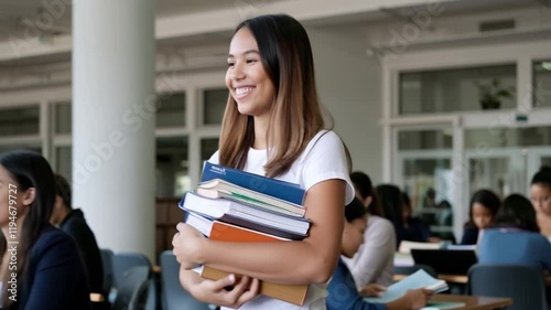 Happy student holding books in university library