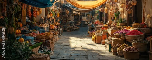 A street market in an exotic location with spices and handmade goods, 4K photo.