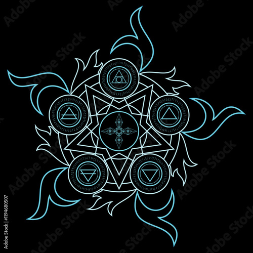 Light magic incantation circle contain fantasy alphabets spell (named Fotonth) with four alchemist elements and Alkahest symbols on black background.