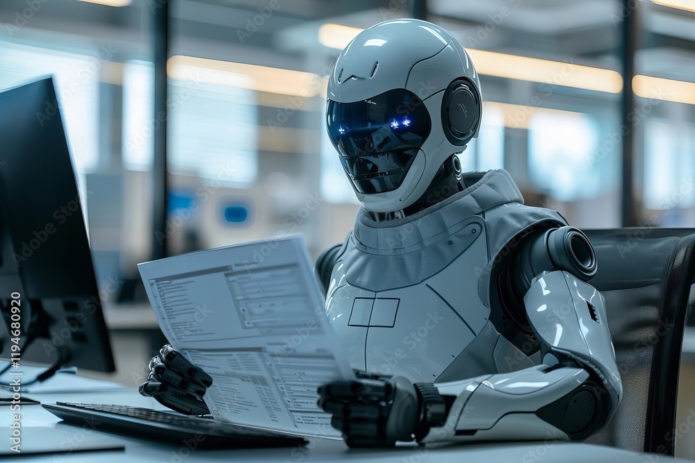 Overhead View of Robot Accountant Reviewing Invoice in Office Overhead View of Robot Accountant Reviewing Invoice in Office