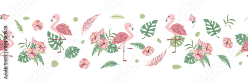 Horizontal seamless border with Cute flamingo with hibiscus and palm leaves. Vector repeating illustration of African animal for kids wallpaper, tape, fabric etc.