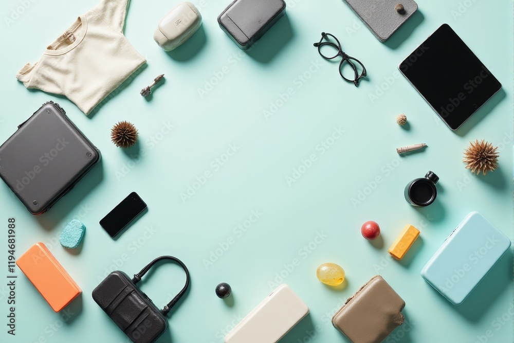 Compact travel items neatly placed on a light background Compact travel items neatly placed on a light background