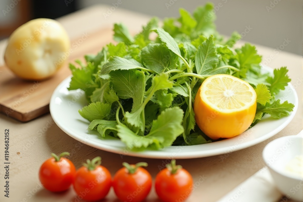 A clean white plate with fresh vegetables on a cutting board A clean white plate with fresh vegetables on a cutting board