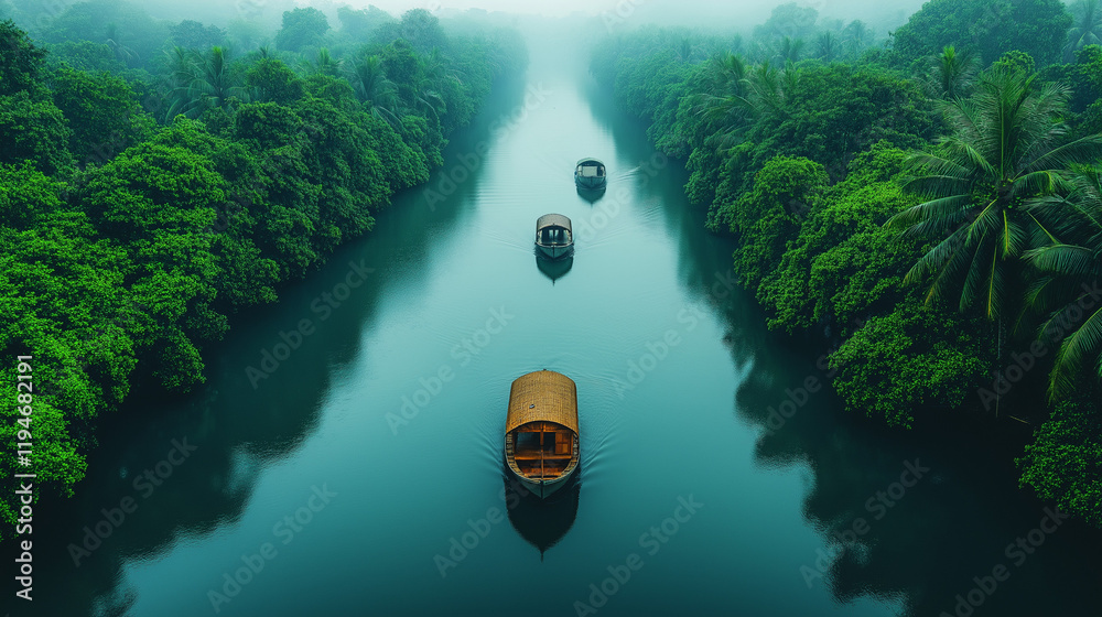 custom made wallpaper toronto digitalAerial view of Kerala's lush backwaters, traditional houseboats floating on calm waterways, surrounded by dense greenery and coconut trees, bright natural daylight