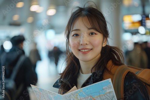 A traveler smiles while holding a map in a bustling airport, ready for adventure and exploring new destinations. photo