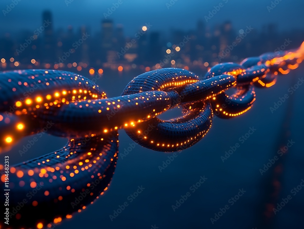 Glowing chain links over cityscape. Glowing chain links over cityscape.
