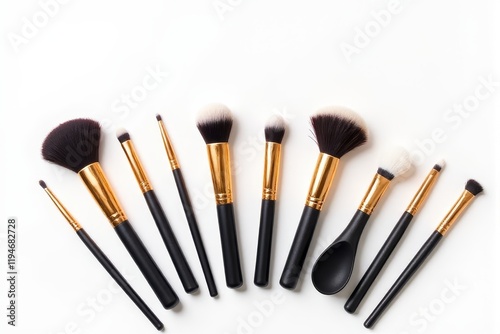 Compact makeup brushes neatly arranged on a white background