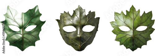 Series of three carnival face masks made from natural leaves. Simple effect composed of small squares. Resource for your carnival projects. 