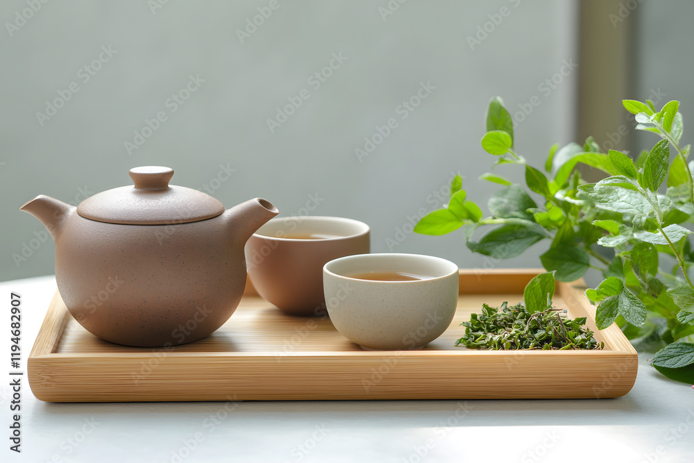Ceramic teapot on a wooden tray on soft sunlight. Ceramic teapot on a wooden tray on soft sunlight.